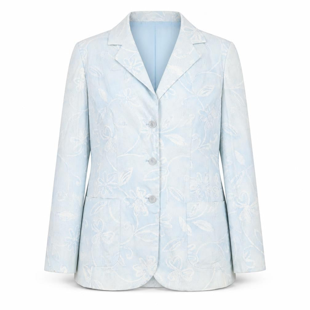 Front view of LUCIA women’s blue floral jacket blazer, size UK 10, button