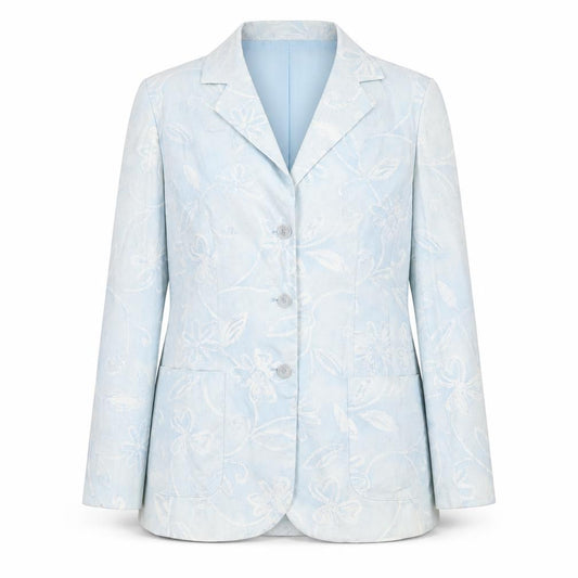 Front view of LUCIA women’s blue floral jacket blazer, size UK 10, button