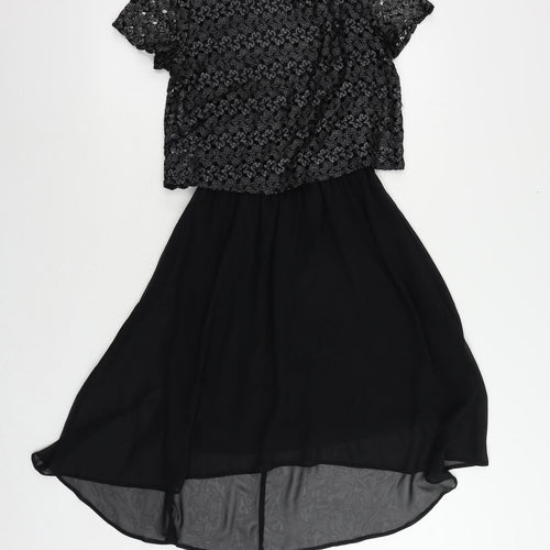 River Island Womens Black Polyester Fit & Flare Size 8 Round Neck Button - Lace Overlay