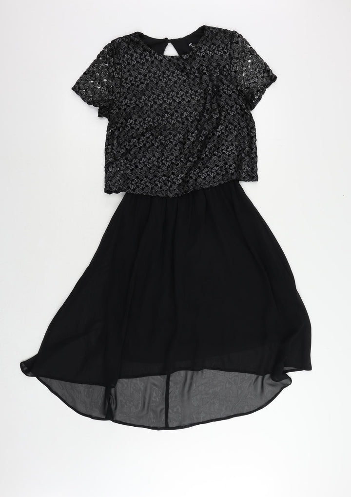 River Island Womens Black Polyester Fit & Flare Size 8 Round Neck Button - Lace Overlay