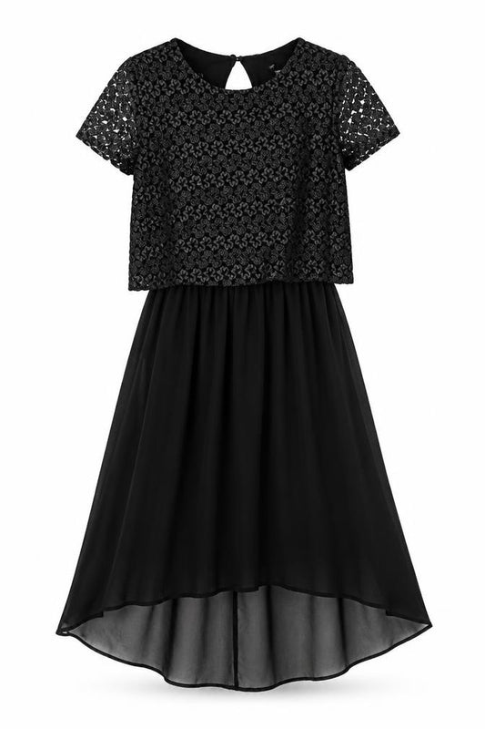 Front view of River Island women’s black polyester fit & flare, size UK 8, round neck button - lace overlay