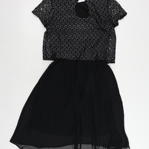 River Island Womens Black Polyester Fit & Flare Size 8 Round Neck Button - Lace Overlay