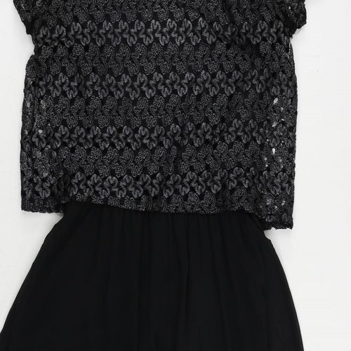 River Island Womens Black Polyester Fit & Flare Size 8 Round Neck Button - Lace Overlay
