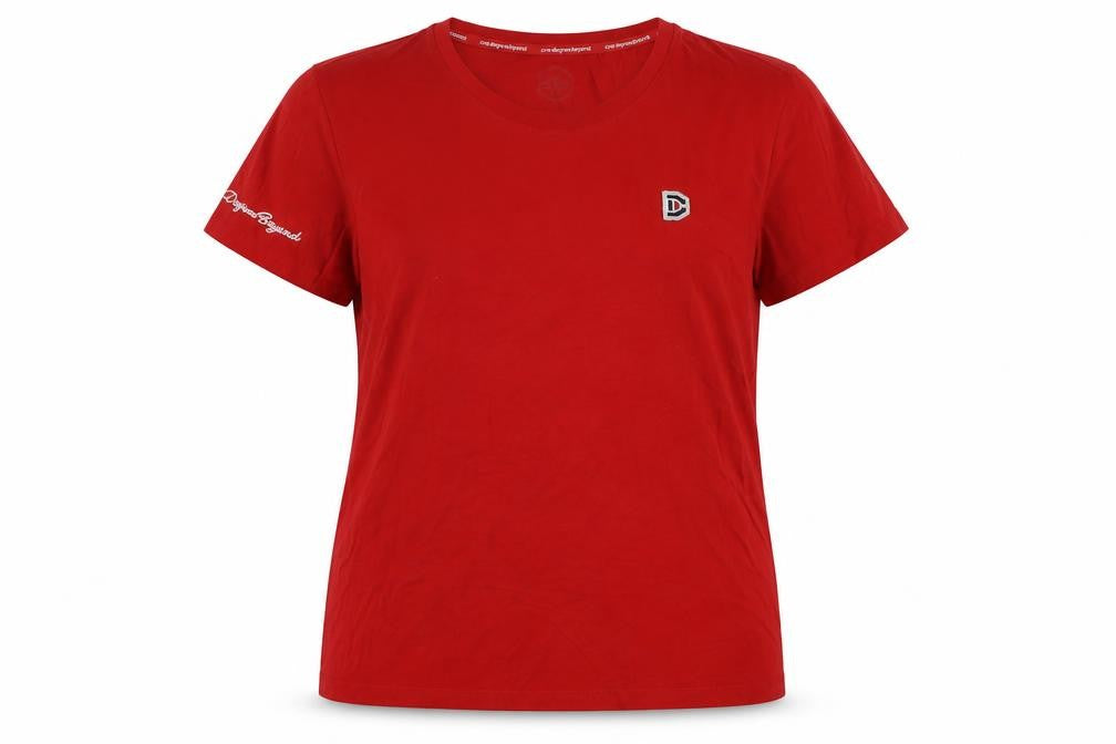 Front view of One Degree Beyond women’s red cotton basic t-shirt, size 2XL, crew neck - logo