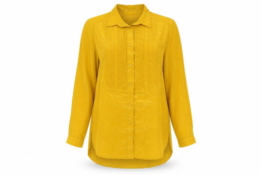 Front view of Principles women’s yellow polyester tunic button-up, size UK 10, collared