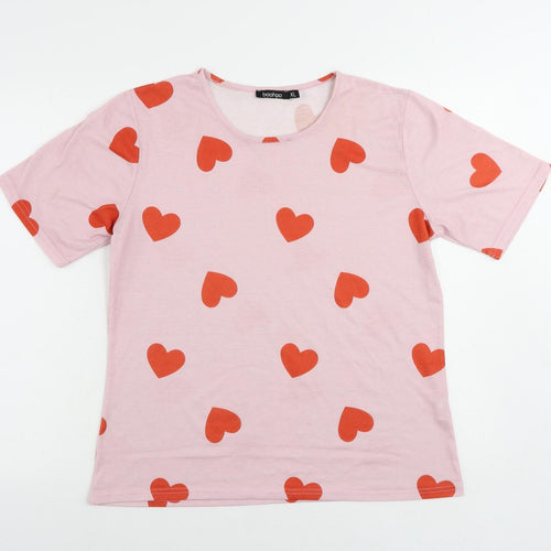 Boohoo Womens Pink Geometric Polyester Basic T-Shirt Size XL Round Neck - Heart Pattern