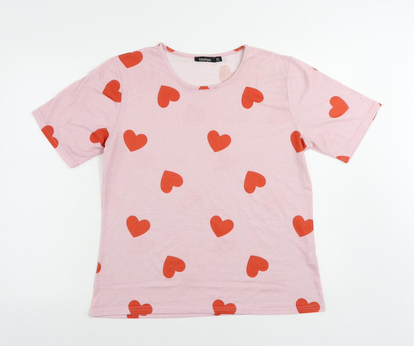 Boohoo Womens Pink Geometric Polyester Basic T-Shirt Size XL Round Neck - Heart Pattern