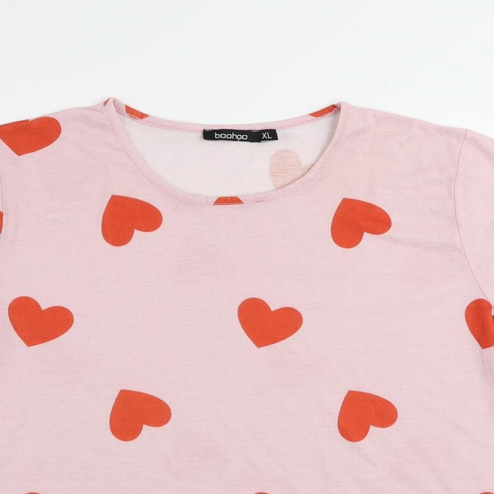 Boohoo Womens Pink Geometric Polyester Basic T-Shirt Size XL Round Neck - Heart Pattern