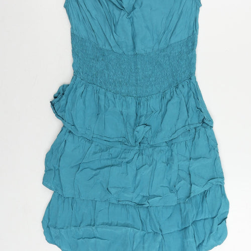Miss Selfridge Womens Blue Viscose A-Line Size 10 Boat Neck Tie - Ruffle