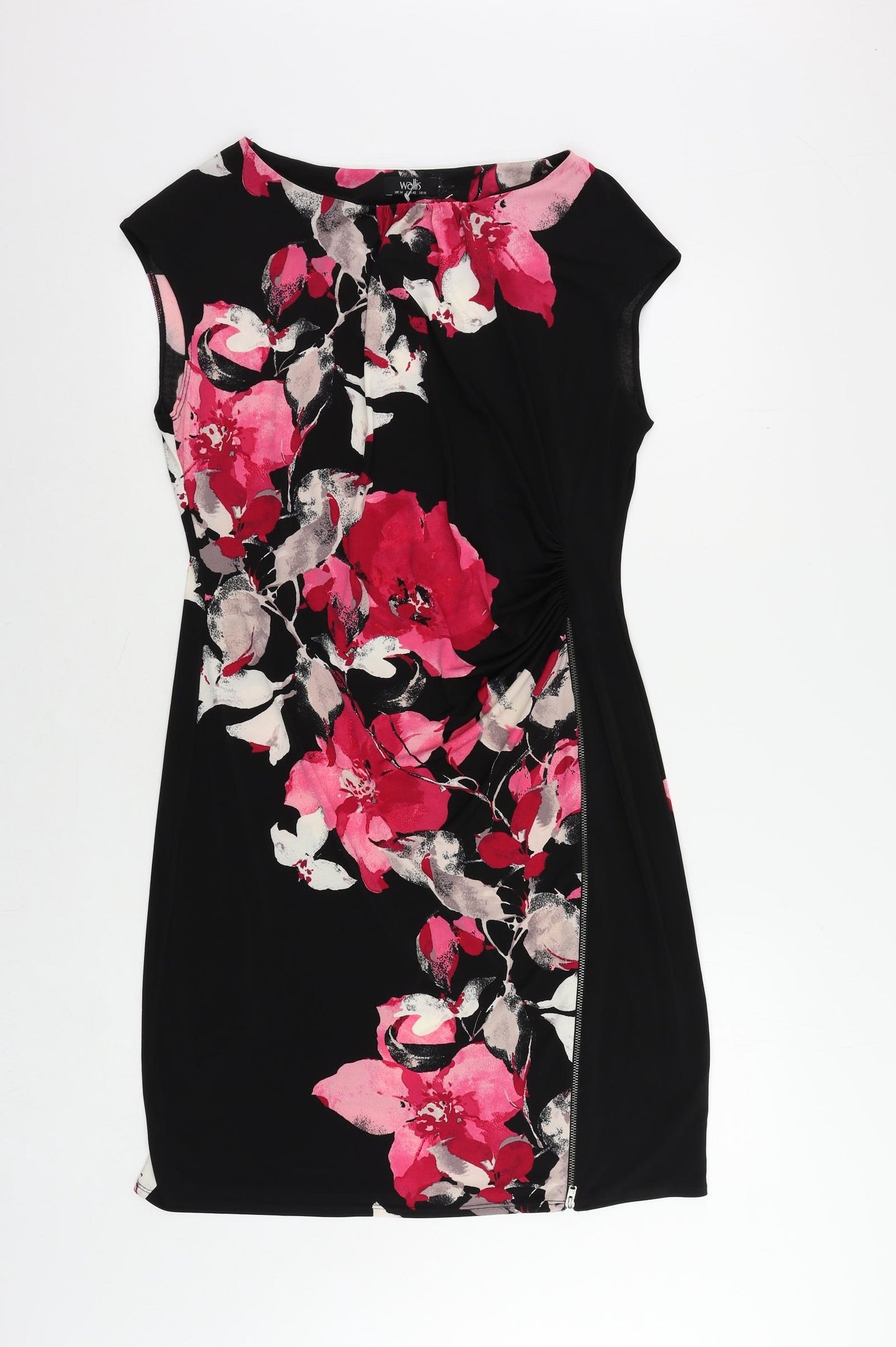 Wallis Womens Black Floral Polyester A-Line Size 14 Boat Neck Zip