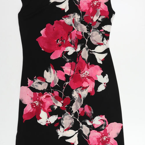 Wallis Womens Black Floral Polyester A-Line Size 14 Boat Neck Zip