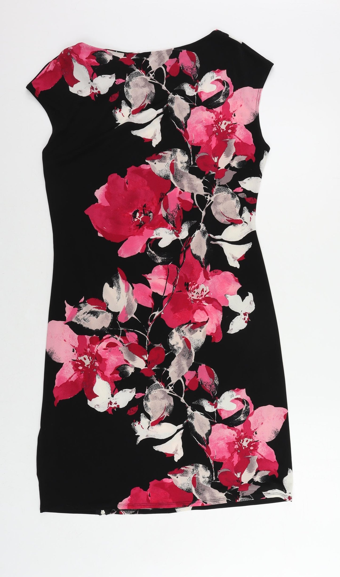 Wallis Womens Black Floral Polyester A-Line Size 14 Boat Neck Zip