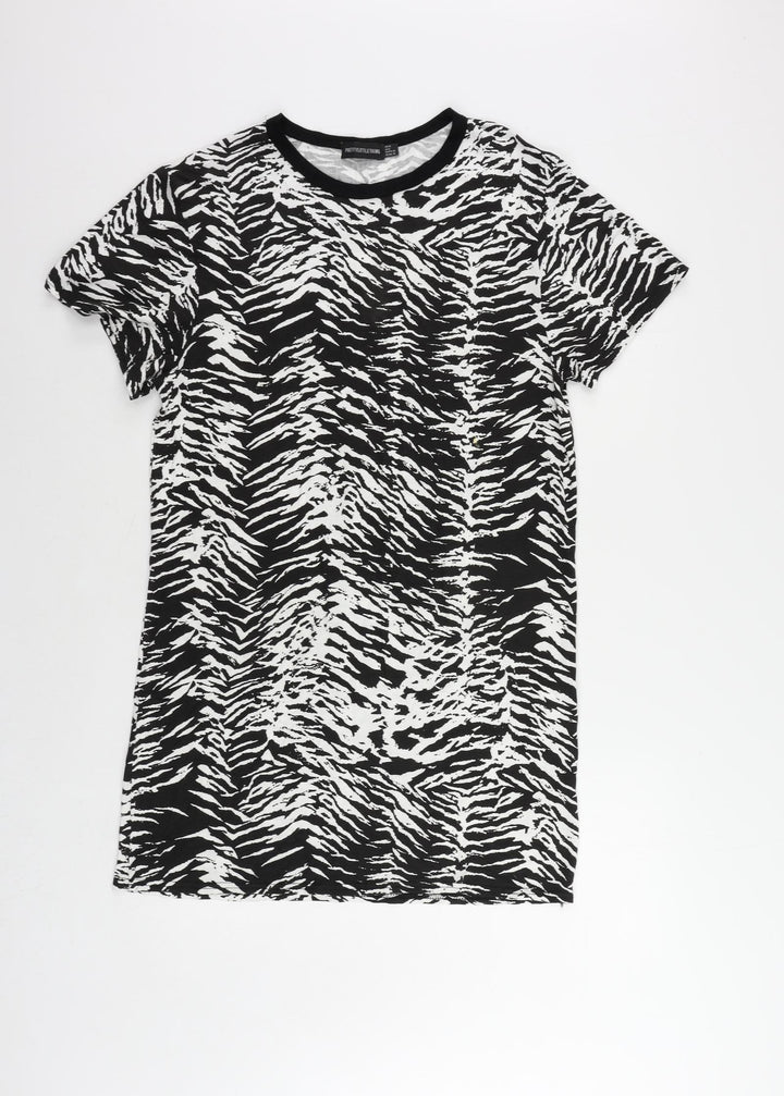 PRETTYLITTLETHING Womens Black Animal Print Viscose T-Shirt Dress Size 10 Crew Neck Pullover