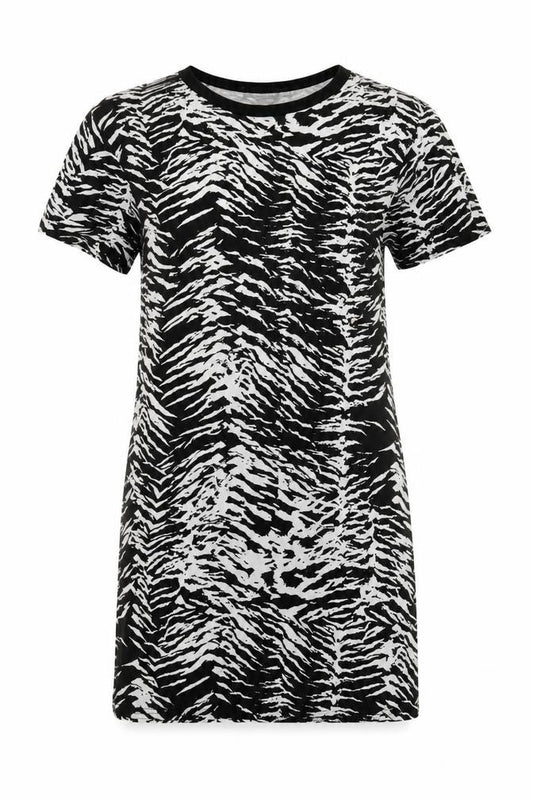 Front view of PRETTYLITTLETHING women’s black animal print viscose t-shirt dress, size UK 10, crew neck pullover