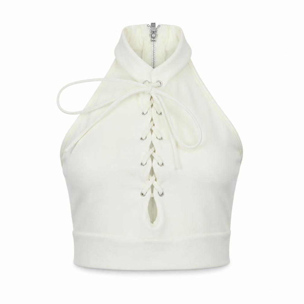 Front view of Missguided women’s white polyester cropped tank, size UK 4, halter