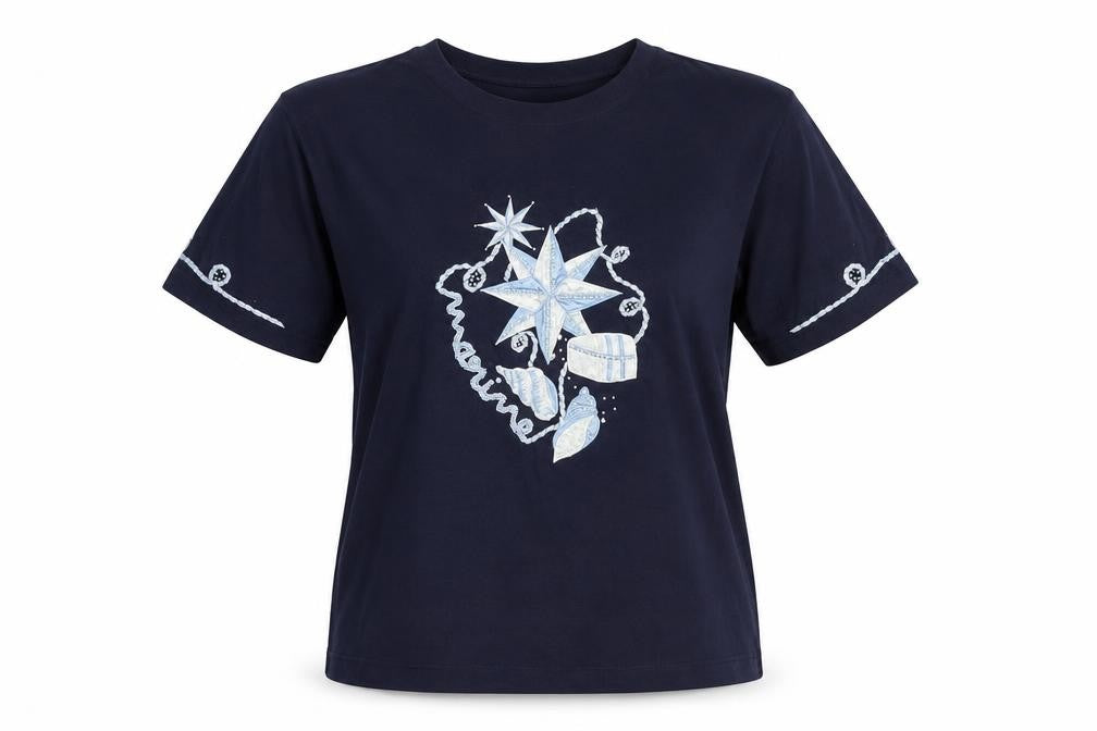 Instyle Womens Blue Polyester Basic T-Shirt One Size Round Neck - Beaded