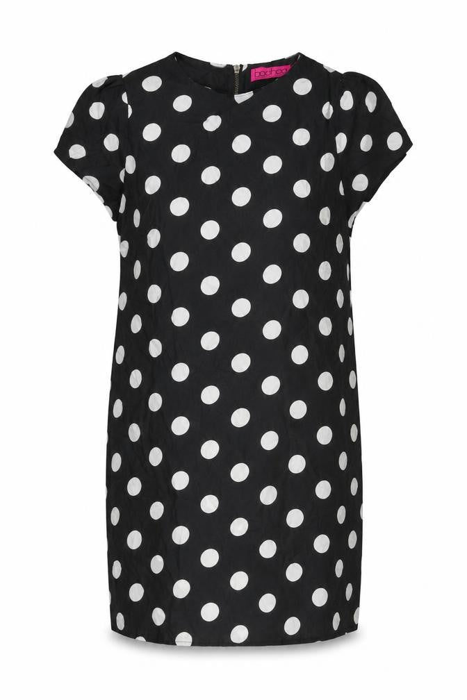 Front view of Boohoo women’s black polka dot polyester shift, size UK 10, round neck zip