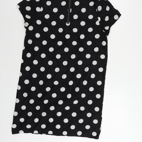 Boohoo Womens Black Polka Dot Polyester Shift Size 10 Round Neck Zip