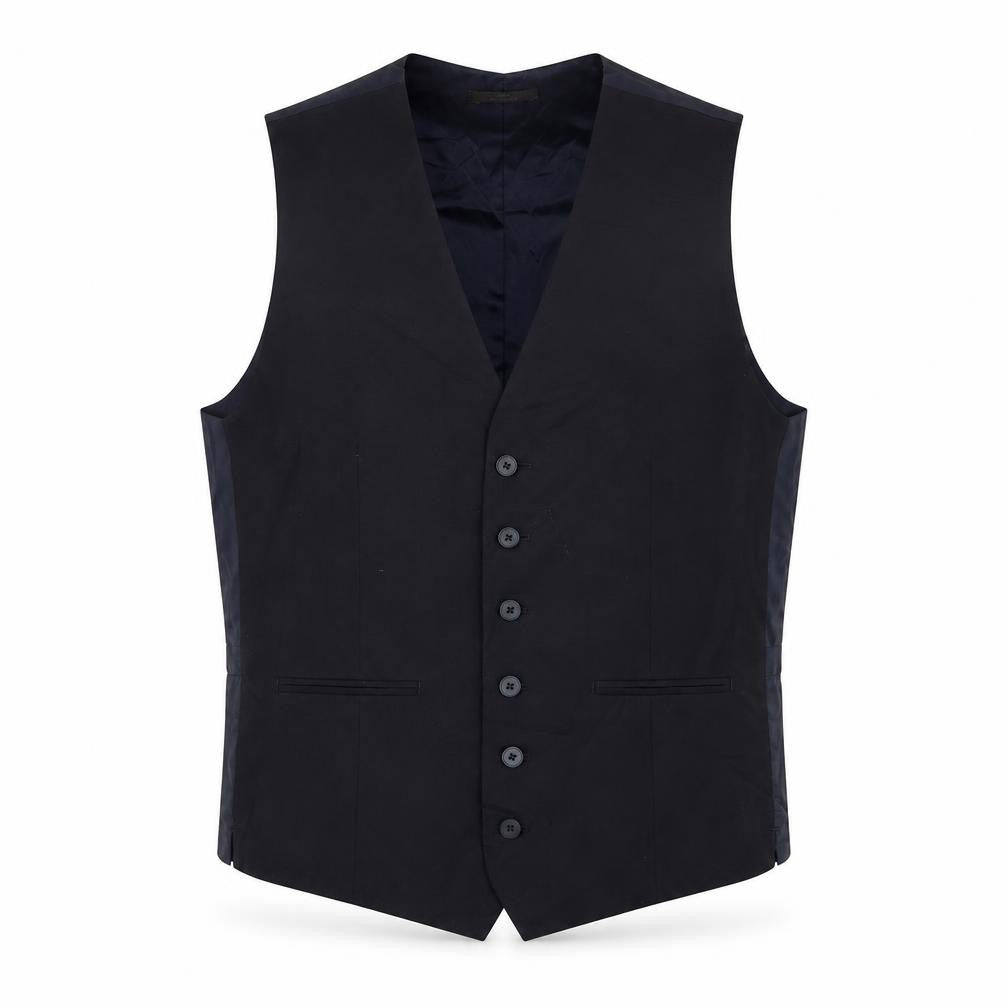 Front view of Marks & Spencer men’s blue polyester jacket suit waistcoat, size 36, regular