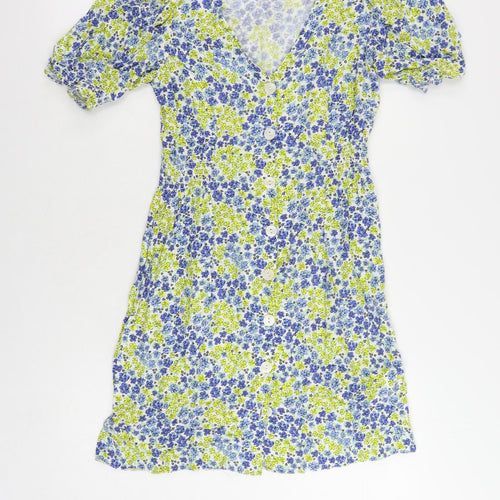 New Look Womens Blue Floral Viscose A-Line Size 6 V-Neck Button