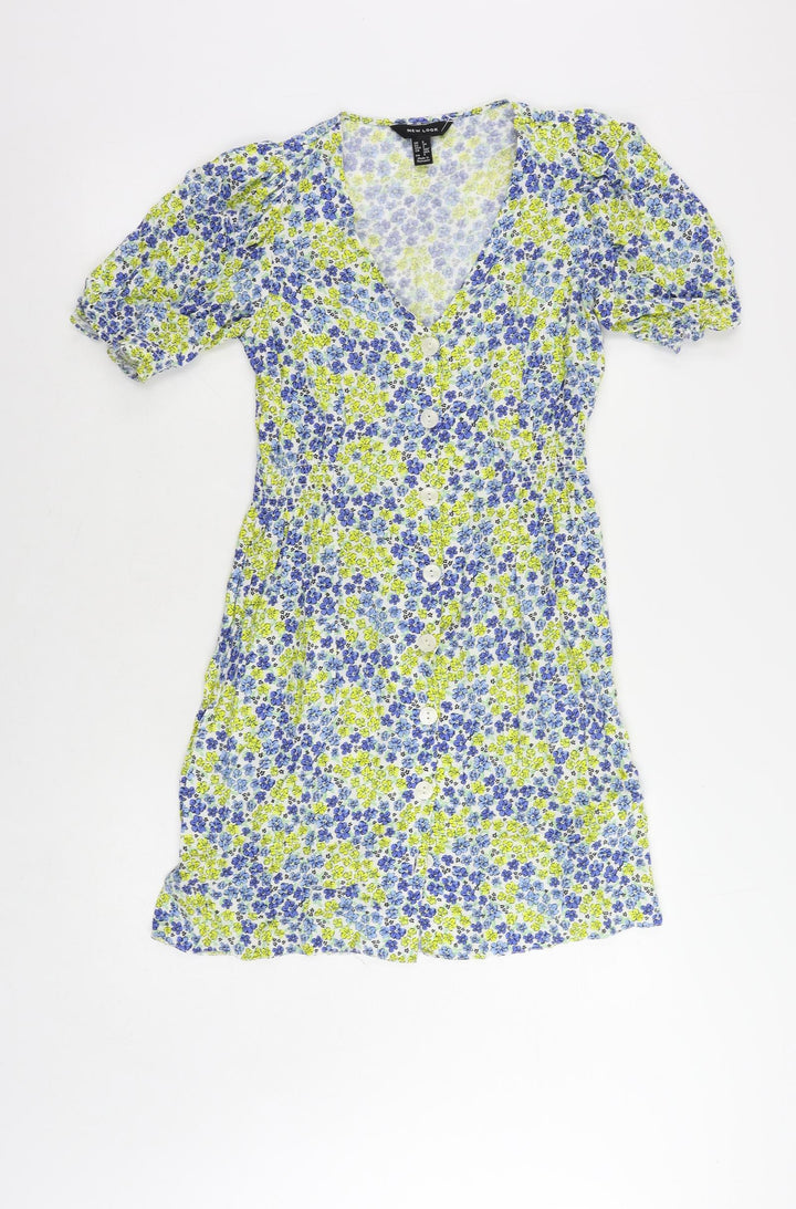 New Look Womens Blue Floral Viscose A-Line Size 6 V-Neck Button