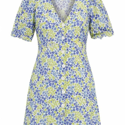 New Look Womens Blue Floral Viscose A-Line Size 6 V-Neck Button