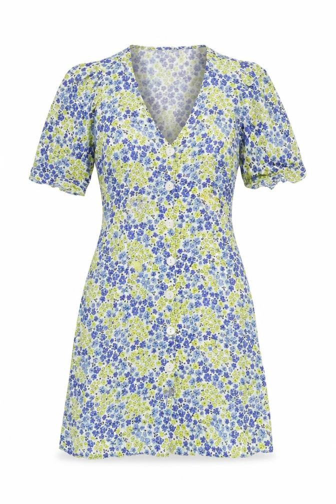 New Look Womens Blue Floral Viscose A-Line Size 6 V-Neck Button