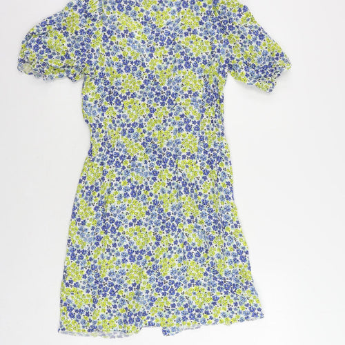 New Look Womens Blue Floral Viscose A-Line Size 6 V-Neck Button