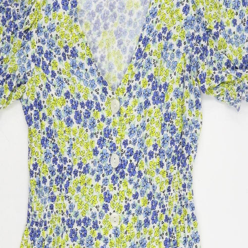 New Look Womens Blue Floral Viscose A-Line Size 6 V-Neck Button