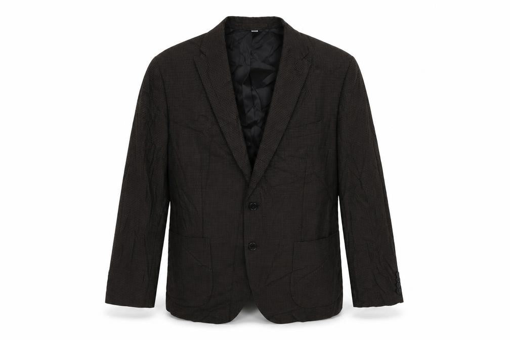 Front view of Marks & Spencer men’s brown geometric linen jacket suit jacket, size 42, regular