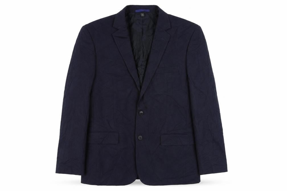 Front view of Marks & Spencer men’s blue polyester jacket suit jacket, size 42, regular