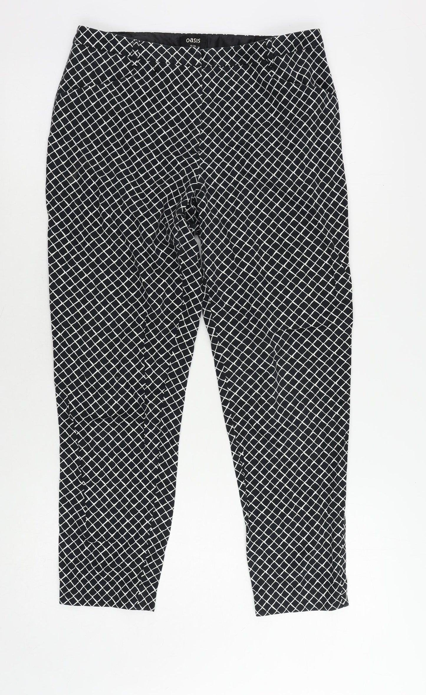 Oasis Womens Black Geometric Cotton Cropped Trousers Size 10 L25 in Regular Zip