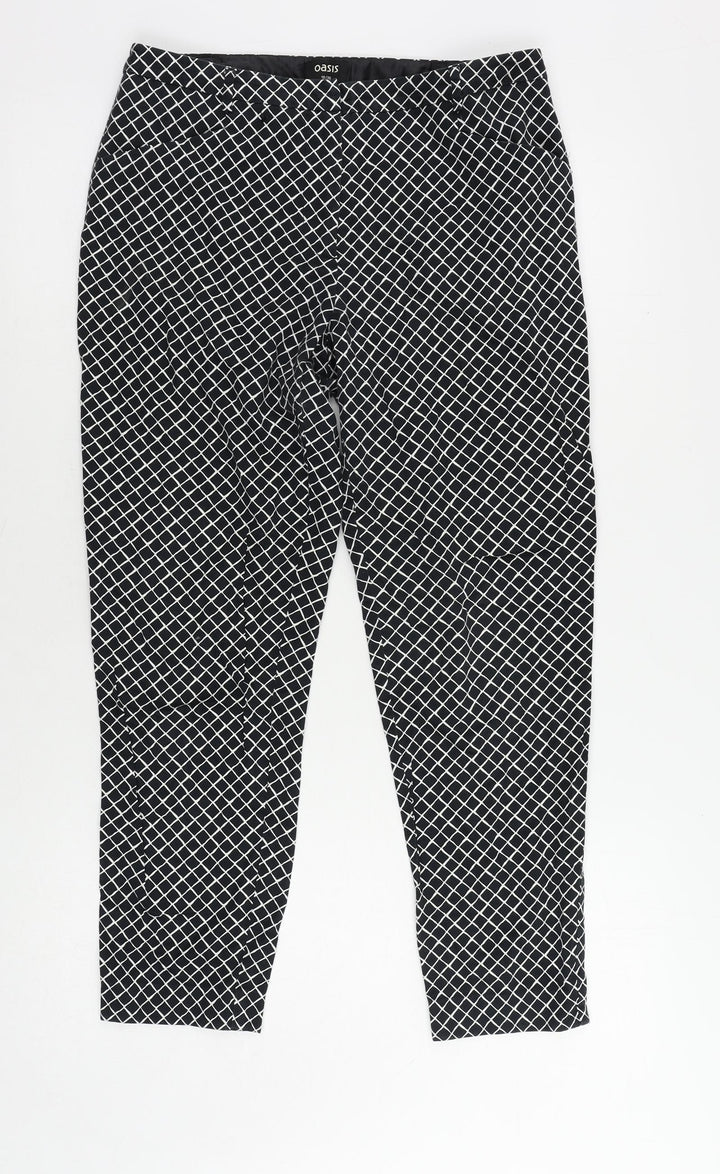 Oasis Womens Black Geometric Cotton Cropped Trousers Size 10 L25 in Regular Zip