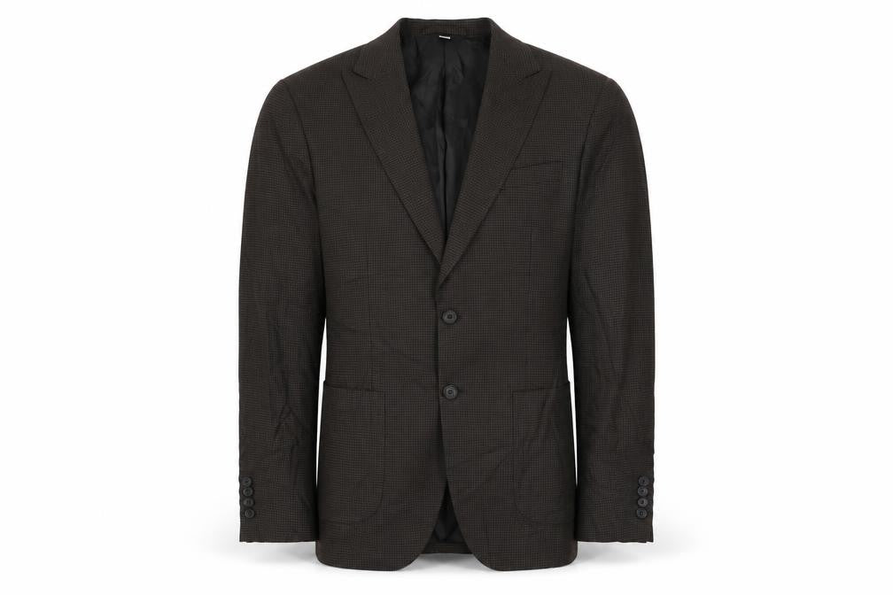 Front view of Marks & Spencer men’s brown geometric linen jacket suit jacket, size 38, regular