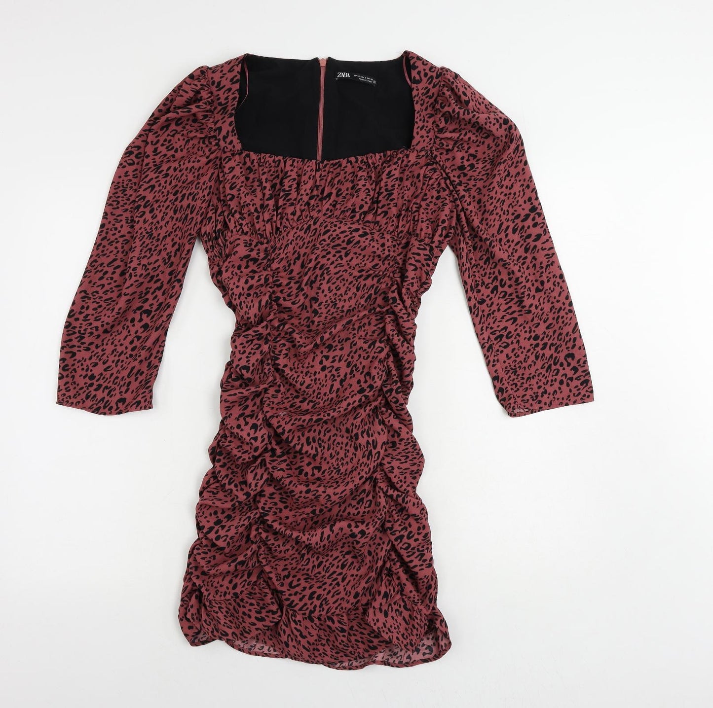 Zara Womens Pink Animal Print Polyester Bodycon Size S Square Neck Zip - Ruched