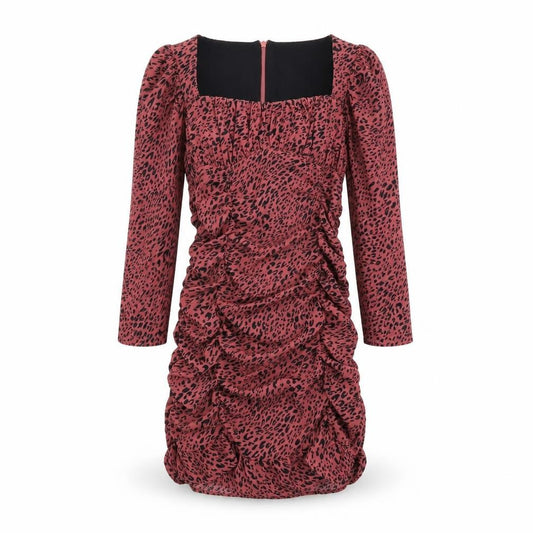 Front view of Zara women’s pink animal print polyester bodycon, size S, square neck zip - ruched