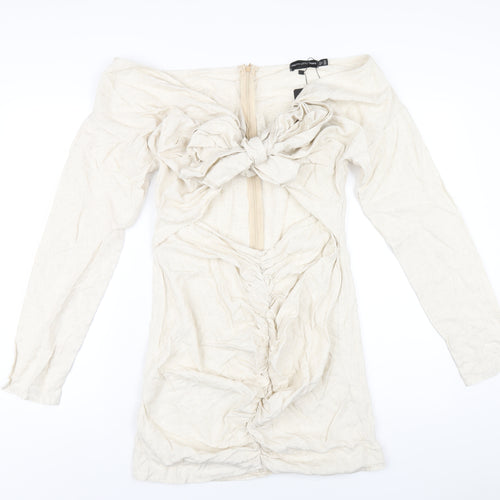 PRETTYLITTLETHING Womens Beige Viscose Mini Size 14 V-Neck Zip