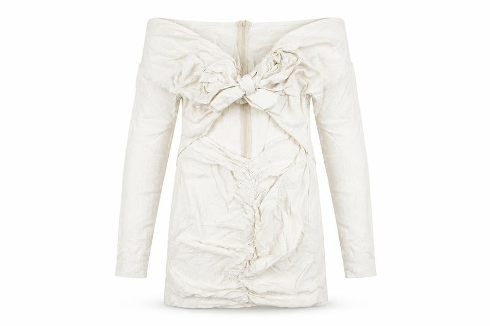Front view of PRETTYLITTLETHING women’s beige viscose mini, size UK 14, v-neck zip