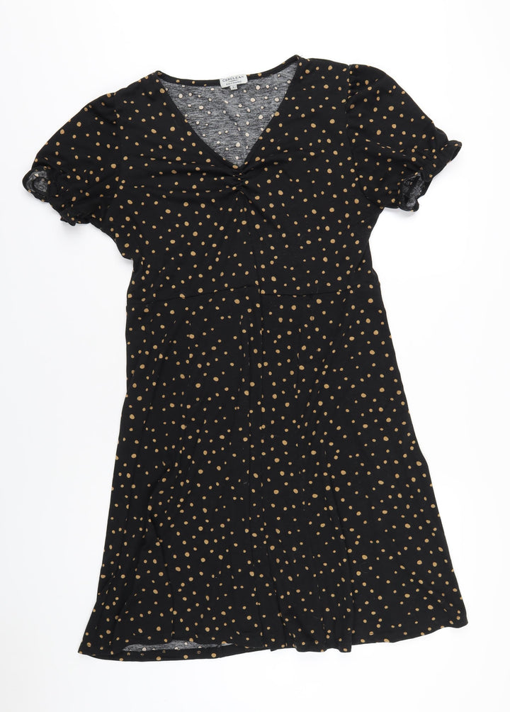 CERULEAN Womens Black Polka Dot Polyester A-Line Size L V-Neck Pullover