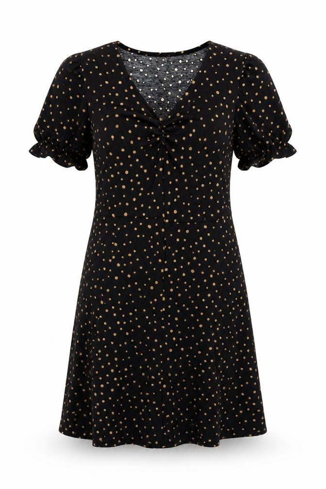 Front view of CERULEAN women’s black polka dot polyester a-line, size L, v-neck pullover
