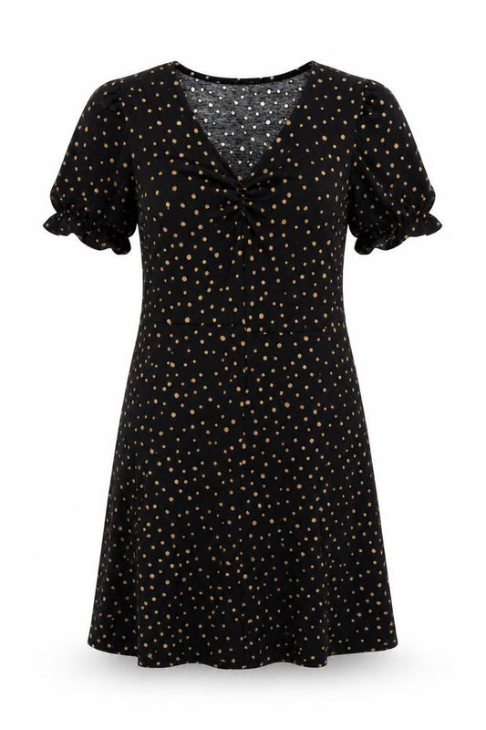 Front view of CERULEAN women’s black polka dot polyester a-line, size L, v-neck pullover