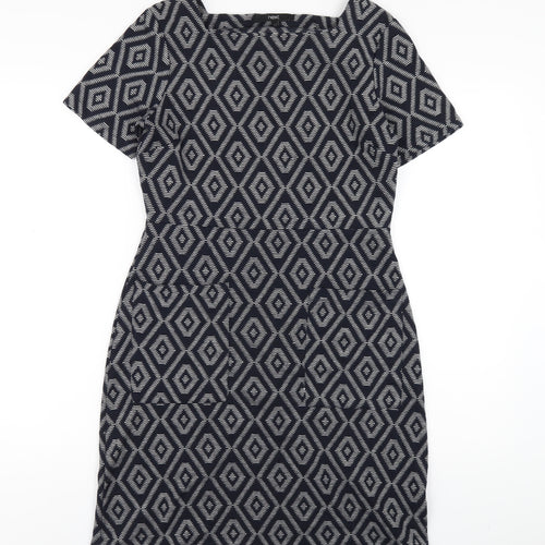 NEXT Womens Blue Geometric Polyester A-Line Size 10 Square Neck Pullover