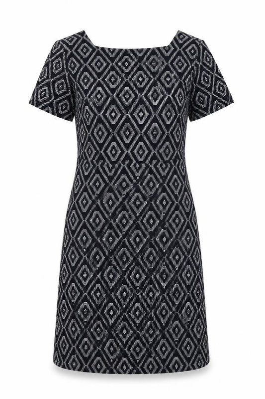 Front view of Next women’s blue geometric polyester a-line, size UK 10, square neck pullover