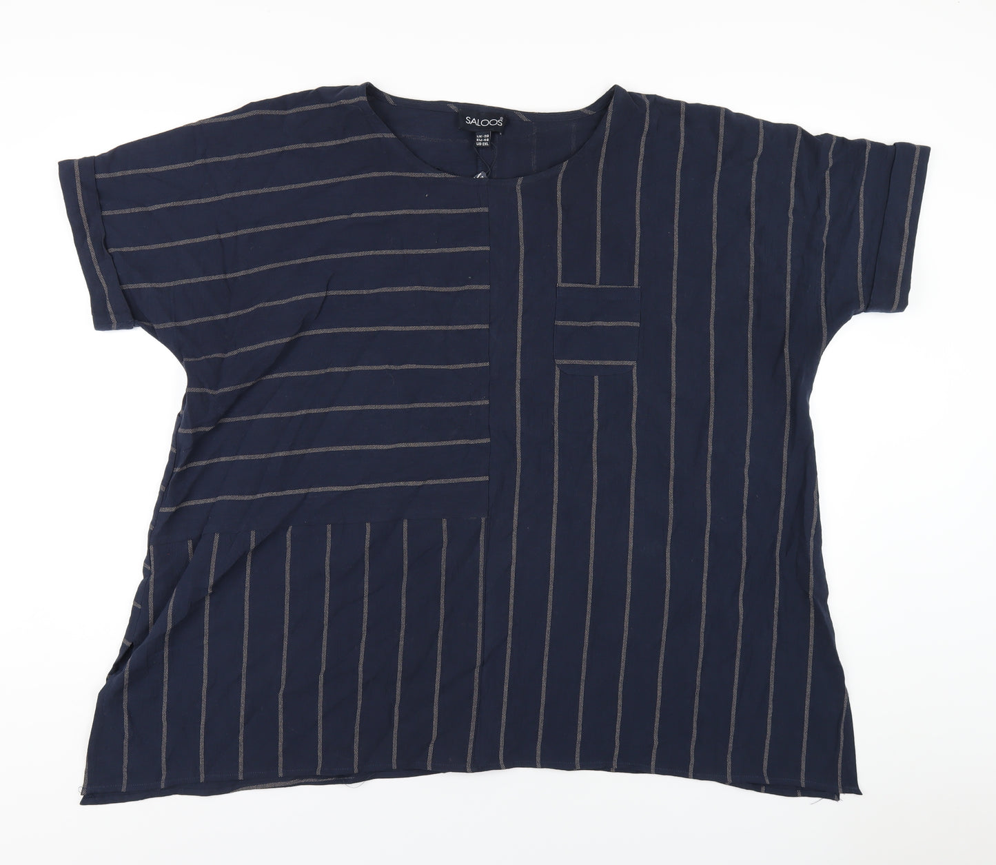 Saloos Womens Blue Striped Cotton Basic T-Shirt Size 20 Round Neck