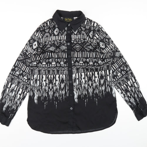 Bob Mackie Womens Black Geometric Polyester Basic Button-Up Size XS Collared