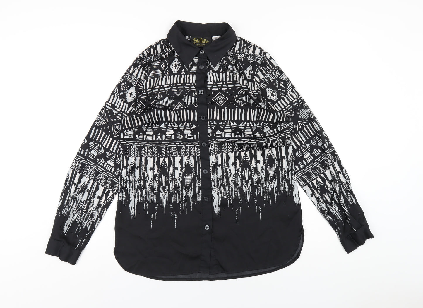 Bob Mackie Womens Black Geometric Polyester Basic Button-Up Size XS Collared