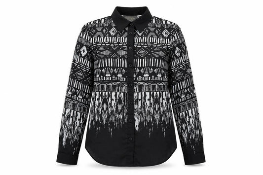 Front view of Bob Mackie women’s black geometric polyester basic button-up, size XS, collared
