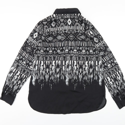 Bob Mackie Womens Black Geometric Polyester Basic Button-Up Size XS Collared