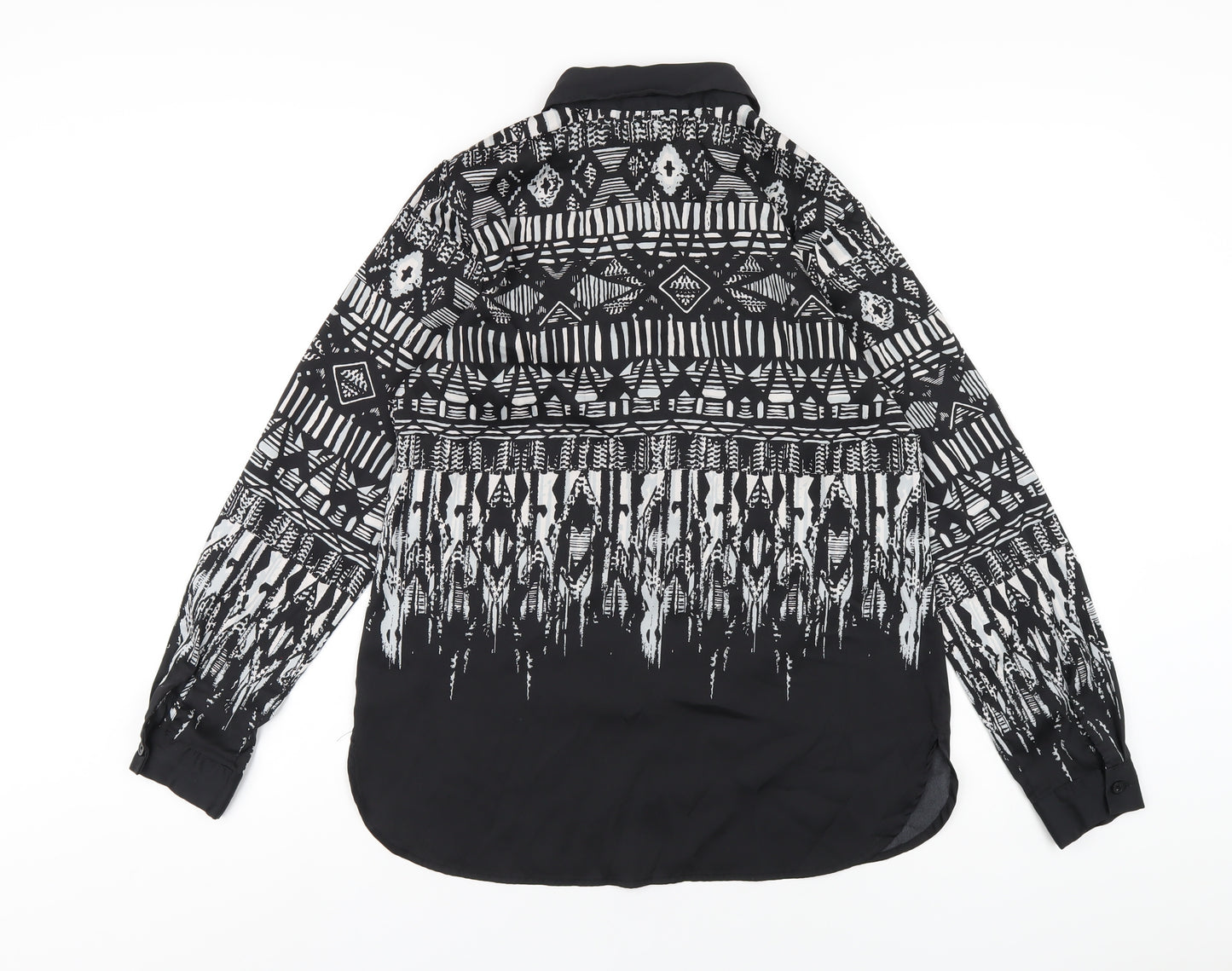 Bob Mackie Womens Black Geometric Polyester Basic Button-Up Size XS Collared