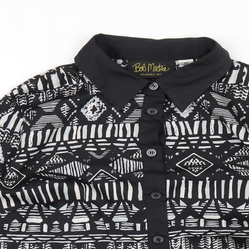 Bob Mackie Womens Black Geometric Polyester Basic Button-Up Size XS Collared